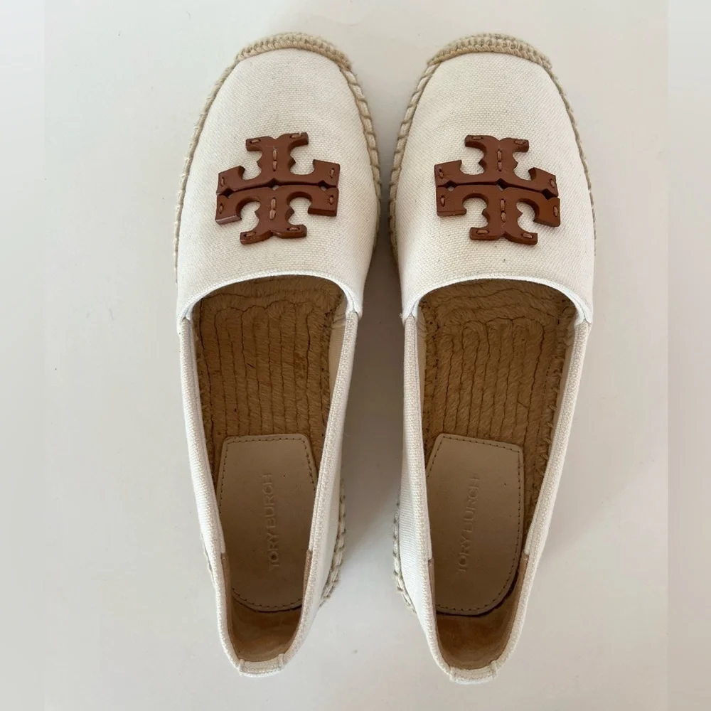 Tory Burch Everly Cotton Canvas Espadrille in Cream Off White Brie/Amber, size 6